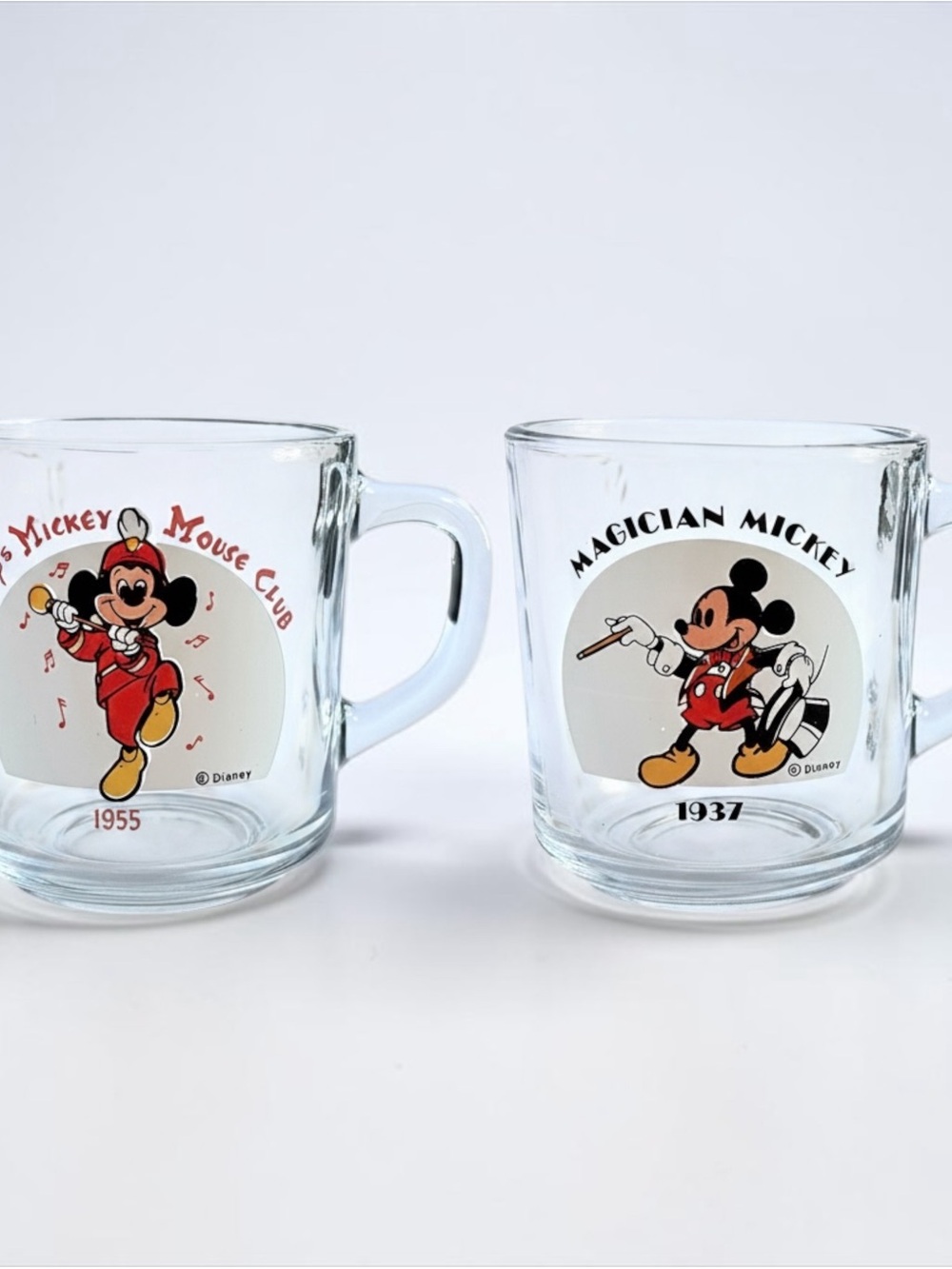 Vintage Disney Mickey Mouse Glass Mug Set Anchor Hocking 1937 Magician 1955 Club